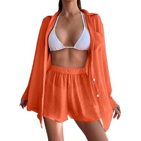 Linen Set for Women Two Piece Tracksuit Button down 3/4 Sleeve Shirt and Shorts Set Airport Outfits Cute Clothes