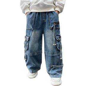 Boys Baggy Fashion Cargo Jeans Elastic Waist Active Denim Pants for Childrens Distressed Wash Cowboy Sweatpants