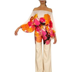 Women's Casual Printed 2 Piece Set Off Shoulder Baggy Bat-sleeved Waist Wide Leg Pant Suit Cocktail Party Wear