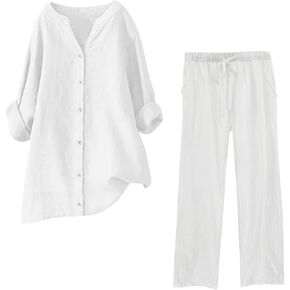 maisdgop Summer Outfits for Women Lightweight Loose 2 Piece Tracksuit Long Sleeve Button Tops with Pants Cotton Linen Sets
