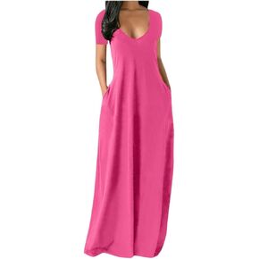 Women's Deep V Neck Short Sleeve Dress with Pockets Spaghetti Strap Maxi Dresses Vacation Casual Sundress Outfits