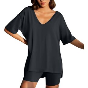 Women's Two Piece Sets Summer Short Sleeve V Neck Tops Yoga Workout Slim Fit Shorts Leggings Matching Lounge Sets