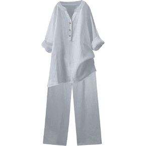 Cotton Linen Sets for Women 2 Piece Long Sleeve Button Shirts & Wide Leg Trousers Loose Dressy Matching Set Outfits