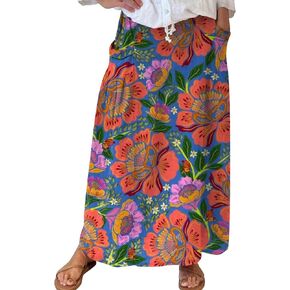 Maxi Skirts for Women Floral Print Elastic Waist Bohemian Hippie Long Skirt Vintage Boho Beach Skirts with Pockets