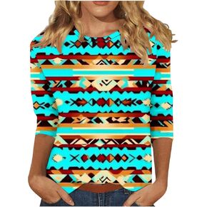 Womens Aztec Shirts Summer 3/4 Sleeve Tops Plus Size Dressy Casual Loose Fit Tshirts Graphic Tees Tshirts Tunic