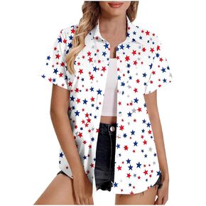 Womens American Flag Button Down Shirt 4th of July Cardigan USA Patriotic Tee Stars Stripes Short Sleeve Camp Tops