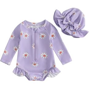 TheFound Toddler Baby Girl Swimsuit Long Sleeve Flower Print Zipped Bikini Hat Newborn Baby Summer Bathing Rashguard Swimsuit