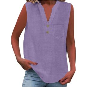 Summer Vests for Women 2025 Trendy Sleeveless Linen Tank Top Casual Button V Neck Tunic Top Basic T-Shirt with Pocket
