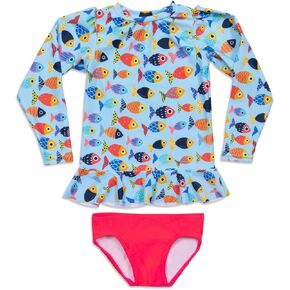 Baby/Toddler Girls Ruffle Skirted Long Sleeve Rash Guard 2-Piece UPF50+ Sun Protected Swimsuit, with Lined Swim Bottoms
