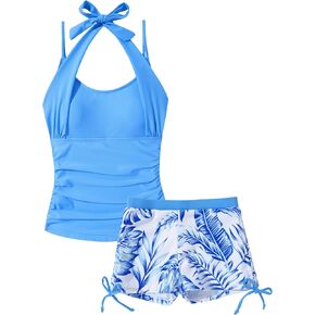 Happy Cherry Girls Tankini Swimsuit with Shorts Kids 2 Piece Cute Bathing Suits for Teens Print Halter Modest Swimwear 7-16T