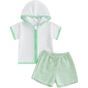 Toddler Boys Girls Swimwear Set – Zipper Hooded Cover Up & Shorts, Short Sleeve Bathing Suit, Baby Swim Cover-Up Sets