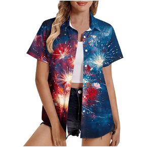 Women American Flag Shirts Patriotic Camp Shirt 4th of July Tops USA Flag Red White Blue Top Button Up Plus Size