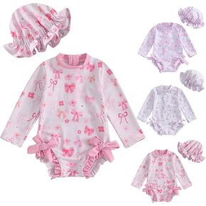 Baby Girls Bow Print Swim Cover up Hat Sets 2 Piece Cute Long Sleeve Romper Beachwear Toddler Rash Guard Swimwear