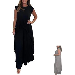 Pleated Short Sleeve Irregular Midi Top and Elastic Waist Wide Leg Pants Set,Two Piece Sets for Women Going Out