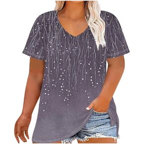 Plus Size Summer Tops for Curvy Women Short Sleeve Flowy Shirt V Neck Casual Loose Fit Tshirts Dressy Summer Tees