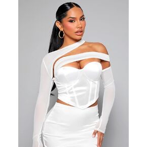 Asymmetrical Neck Cut Out Front Mesh Top (Color : White, Size : X-Small)