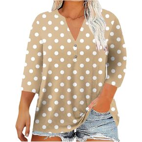 3/4 Length Sleeve Womens Tops V Neck Plus Size Polka Dots Tunic Shirts Dressy Casual Business Ladies Fashion Outfits
