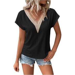 Womens Lace Tops Lace Crochet Trim V Neck Short Rolled Sleeve Summer Tops Shirts Casual Trendy Blouse Tunic Tshirts