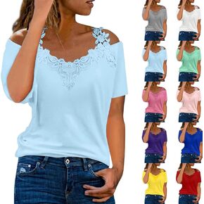 Lace Crochet Cold Shoulder Tops for Women 2025 Trendy Summer Short Sleeve Tunic Shirts Casual Loose Strappy Blouse