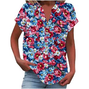 Women Fourth of July Shirts 2025 American Flag Patriotic Short Sleeve Tees Button V Neck Independence Day Tops