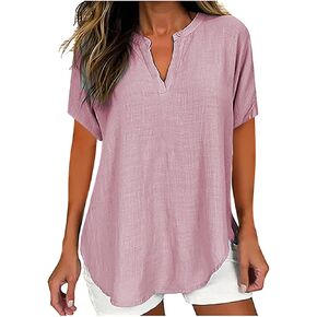 Womens Summer Tops Cotton Linen T-Shirts Casual Loose Fit V-Neck Henley Tops Short Sleeve Blouse Holiday Cmofy Shirts