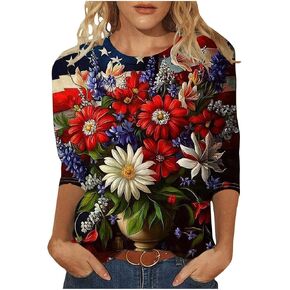 4th of July Tops for Women 3/4 Sleeve Patriotic American Flag Shirts Casual Summer Crewneck Star Pattern Blouse