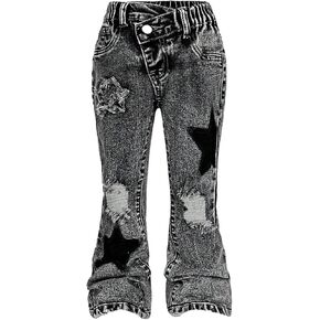 Wdirara Toddler Girl's Print Print Flare Jeans مرنة الخصر الجرس غير المتماثل السراويل الدنيم