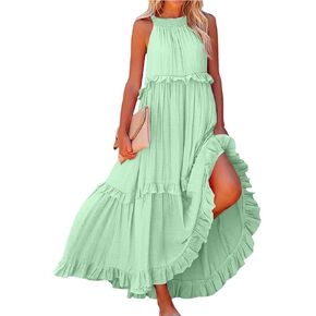 Summer Dresses for Women 2025 Smocked Sleeveless Tank Dresses Halter Tie Back Flowy Ruffle Tiered Maxi Dress