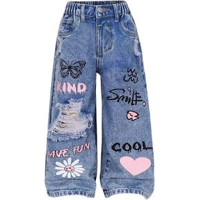 Wdirara Toddler Girl's Gute Graphic Graphic Baggy Jeans مرنة عالية الخصر