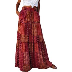 Long Skirts for Women Boho Floral High Waisted Casual A Line Skirt Pleated Beach Flowy Swing Maxi Skirts