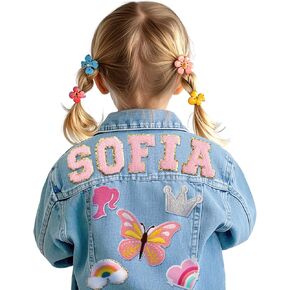 Personalized Kids Denim Jacket with Names - Girls Clothes for 1-8 Year Old - Back to School Gifts - Birthday Gifts for Toddlers Girls Boys - Custom Name Jacket with Cute Element Patches