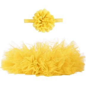 Angla 2pcs Flower Headband Tutu Skirt for Newborn Baby Girl (Yellow), Medium