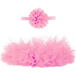 Angla 2pcs Flower Headband Tutu Skirt for Newborn Baby Girl (Pink), Medium