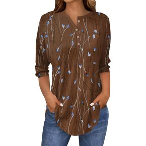 3/4 Length Sleeve Womens Tops Curved Hem Button Down Tees Printed Tops Going Out Pullover Loose Comfy T Shirt