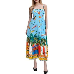 Women Graffiti Printed Maxi Cami Dress Square Neck Sleeveless Spaghetti Strap Boho Dress Swing Aline Sundress