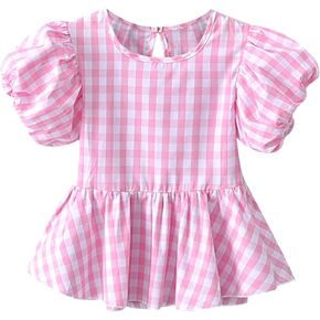 Baby Girls Summer Crewneck Puff Short Sleeve Plaid Blouse Shirt Toddler Kids Ruffle Peplum Smock Crop Tops Trendy Soft