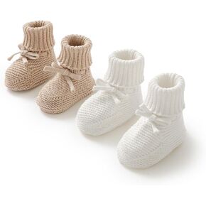 2 Pairs Baby Booties 100% Cotton Knitted Newborn First Cozy Warm Crib Shoes for Toddler Infant Boy Girl Babys Shower Gift