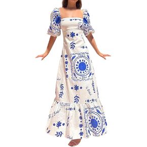 Women's Boho Tie Shoulder Dress Y2k Floral Long Flowy Maxi Dresses Cute Summer Smocked Picnic Beach Cami Sundress