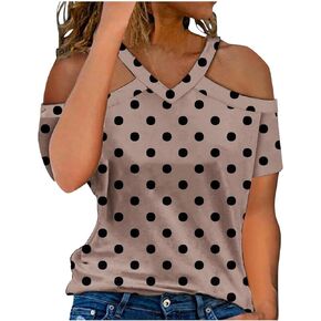 Womens Halter Neck Cold Shoulder Tops V-Neck Stripe Shirts Cut Out Shoulder Casual Gradient Polka Dot Heart Tshirts