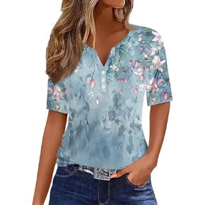 Tops for Women Trendy Henley V Neck Pullover Printed Vacation Tops Button Down Comfy Tees Trendy Tunics T Shirt