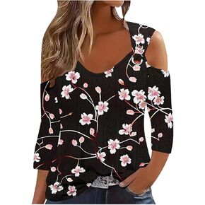 3/4 Length Sleeve Cold Shoulder Womens Plus Size Eyelet Tops Summer Casual Blouse Trendy Dressy Boho Floral Shirts