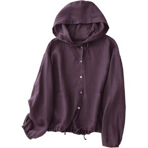 Womens Cotton Linen Hoodie Tops Summer Sun Protection Long Sleeve Hooded Shirt Jacket Dressy Casual Button Down Blouses