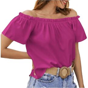 Women's Off Shoulder Ruffle Trim Shirt Short Sleeve Blouse Party Tops Shirt Casual Loose Fit Summer Tops