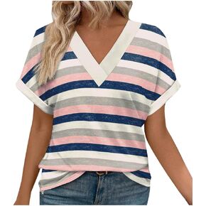 Womens Summer Tops Short Dolman Sleeve Shirts 2025 Fashion V Neck Outfits Clothes Fashion Stripes Print Blouse