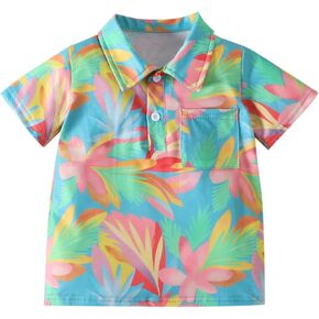 Toddler Baby Boys Hawaiian Polo Shirts Short Sleeve Button Up Beach Shirt Kids Tropical Printed Beach Tee Tops Pocket