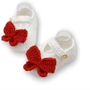 Baby Crochet Booties with Red Butterfly, White Mary Jane Style, Infant Shoes