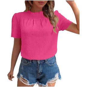 Womens Summer Tops Trendy Blouses Dressy Casual Mock Neck Short Sleeve Shirts Pleated Tunic Top Loose Fit T-Shirts