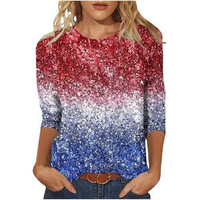 3/4 Sleeve Plus Size Patriotic Tops for Women USA Flag 4Th July American Red White Blue Star Stripe T-Shirt Plus Size