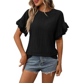 Womens Eyelet Blouse V Neck Ruffle Short Sleeve Flowy Shirts Dressy Casual Cute Summer Tops Tunic Fashion Clothes