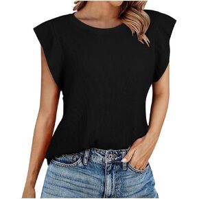 Womens Summer Tops Cap Sleeve Waffle Knit Shirts Loose Fit Round Neck T Shirts Basics Casual Business Work Blouse